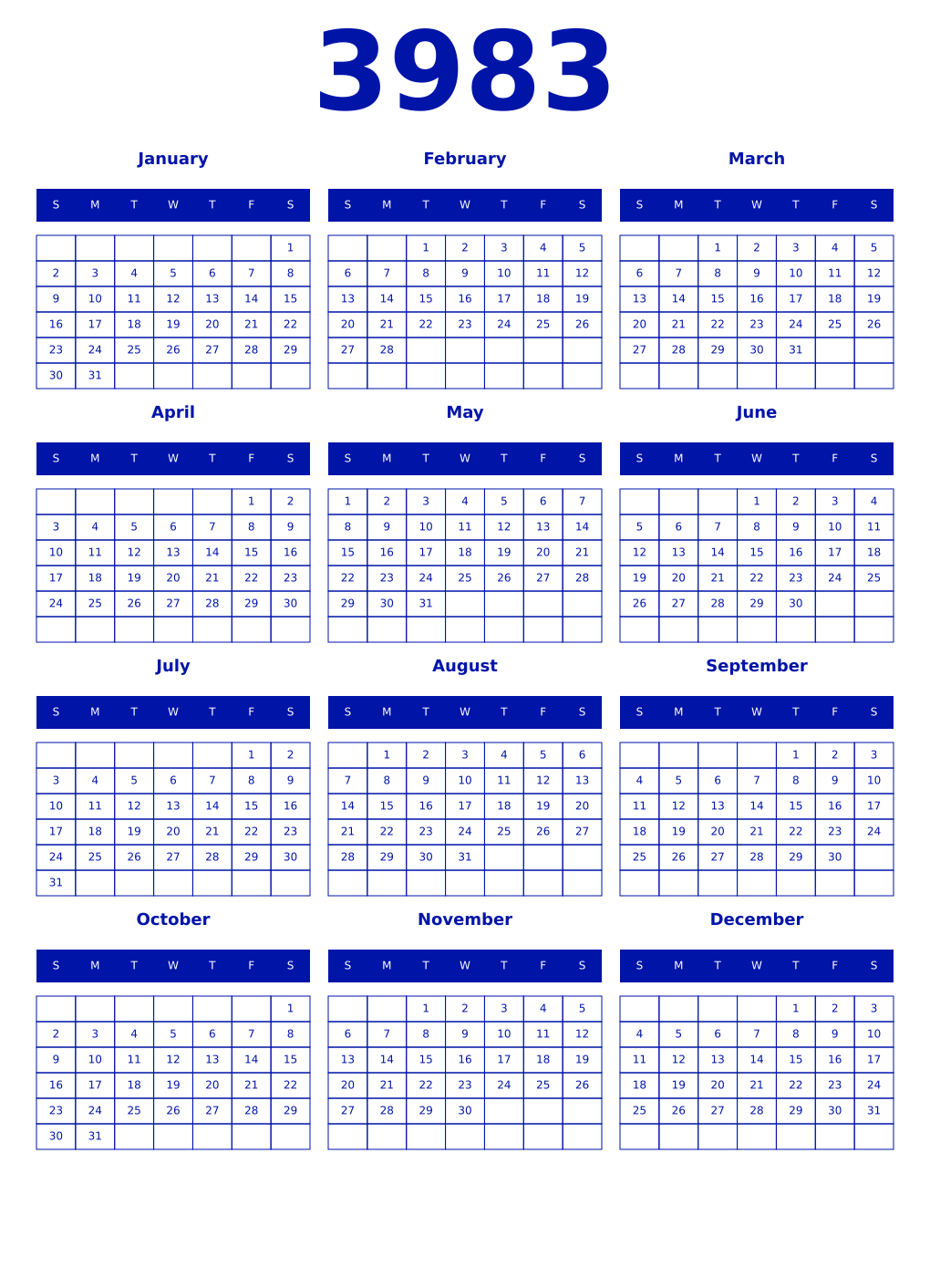 Printable 3983 Year Calendars zaffre