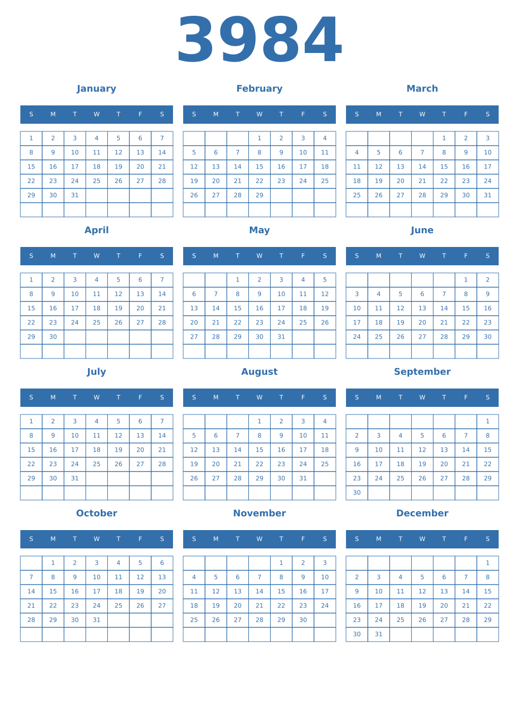 Printable 3984 Year Calendars blue