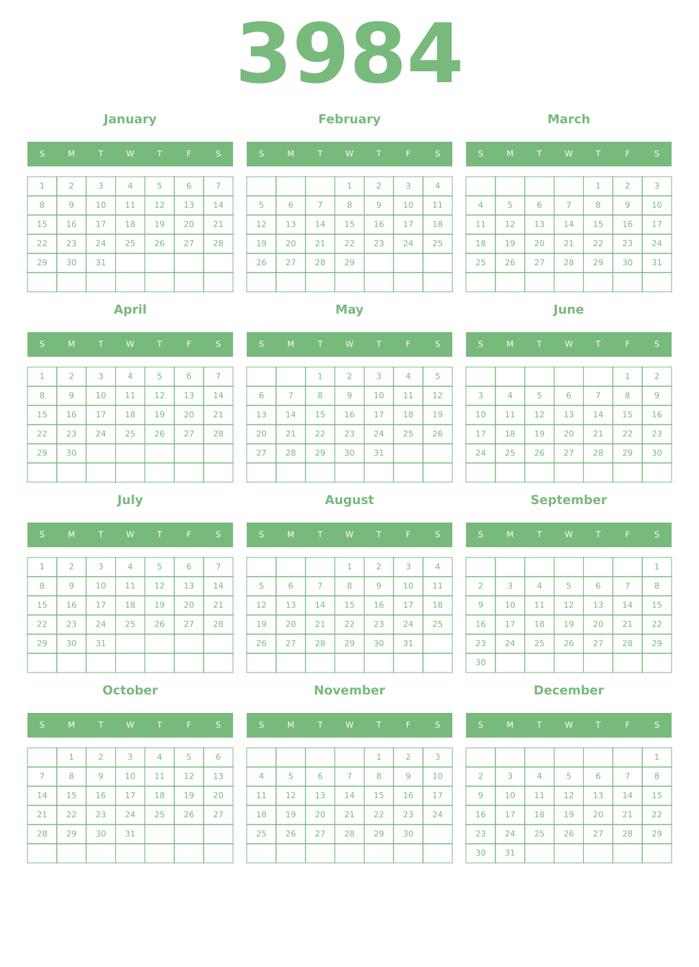 Printable 3984 Year Calendars celadon