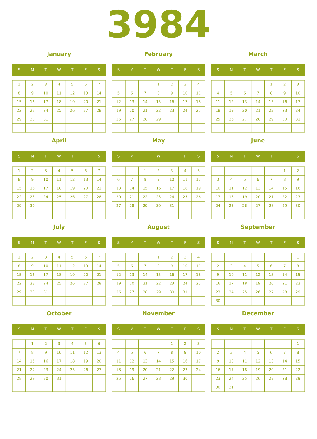 Printable 3984 Year Calendars chartreuse
