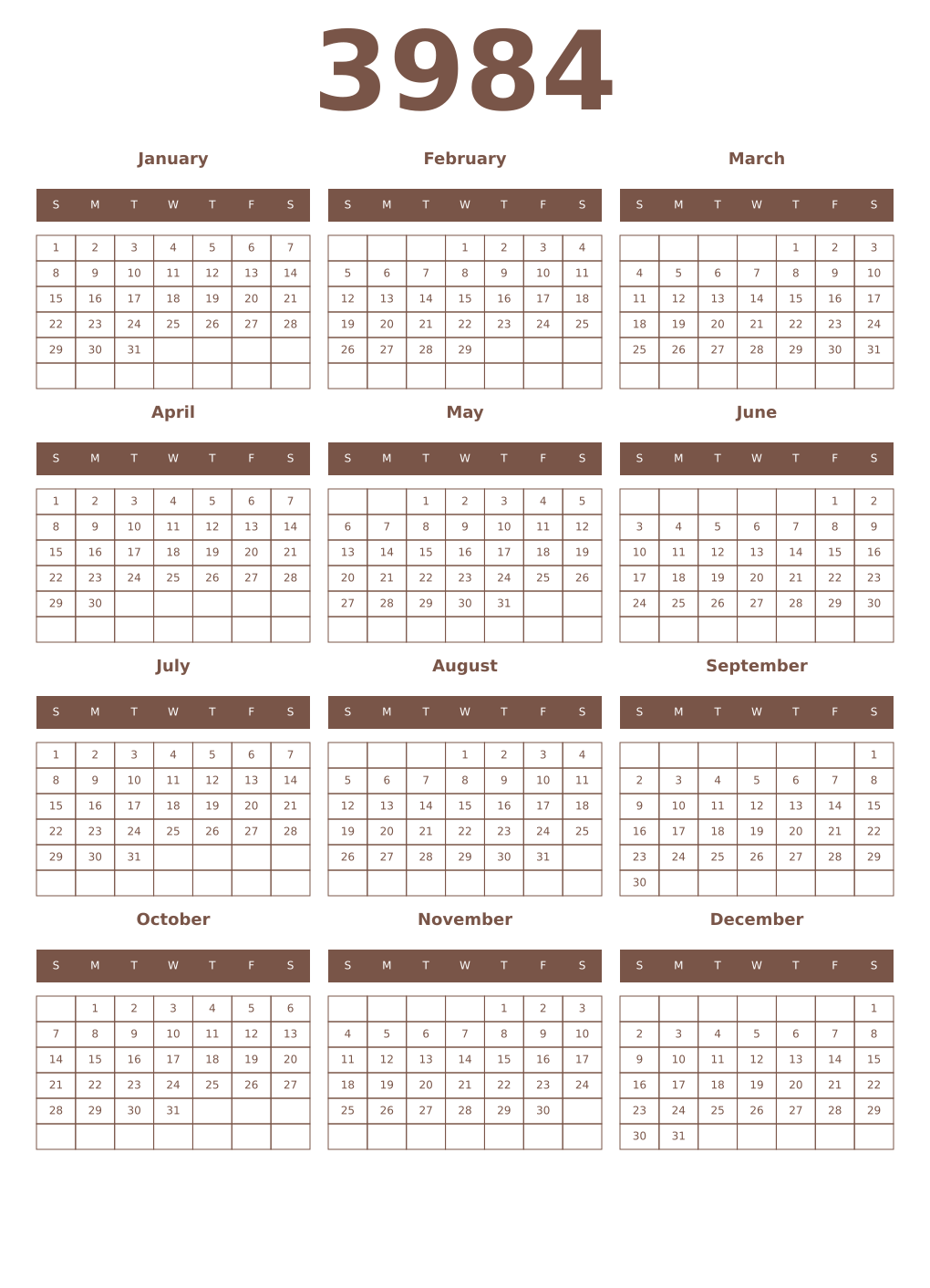 Printable 3984 Year Calendars coffe