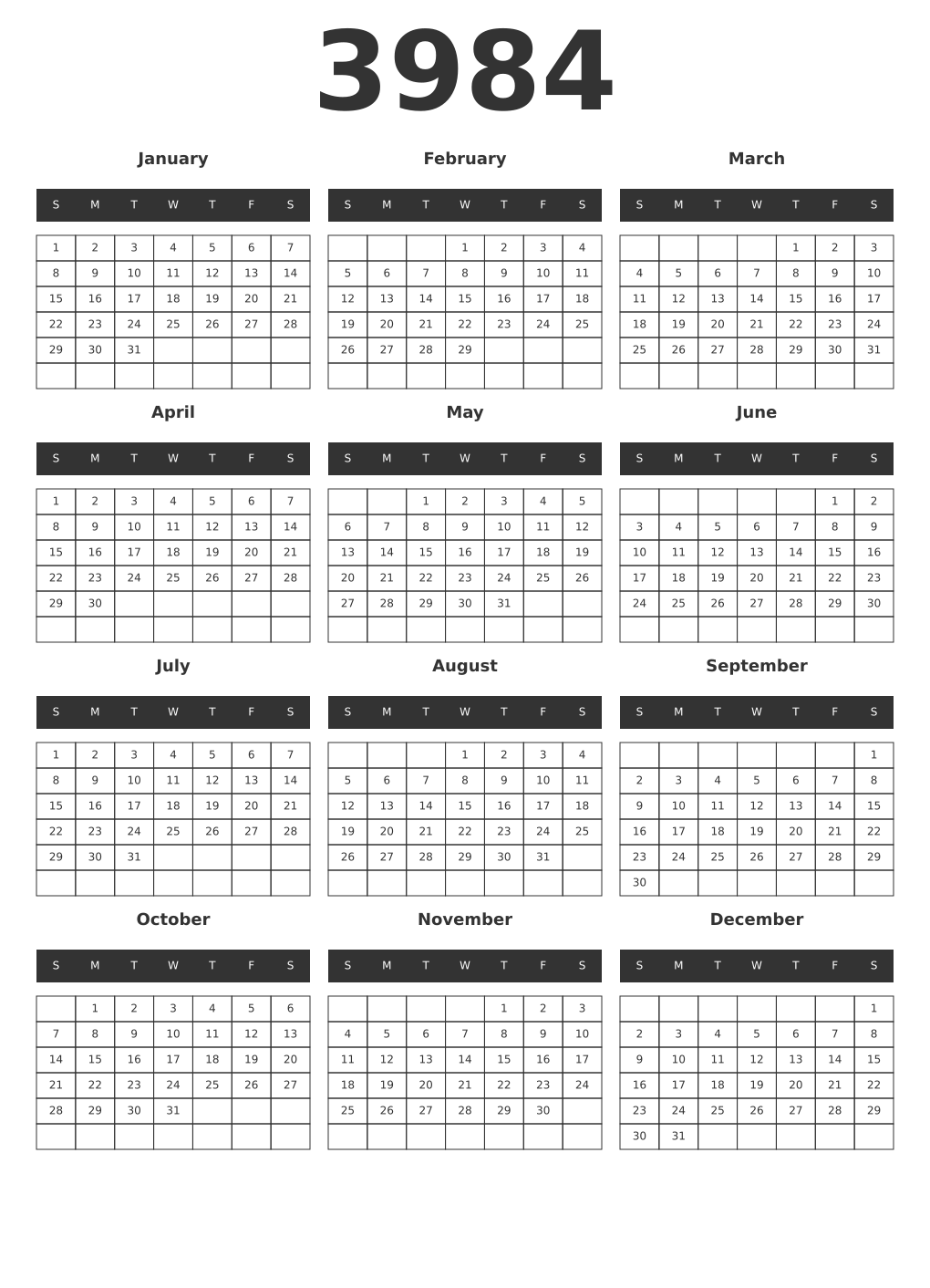 Printable 3984 Year Calendars dark