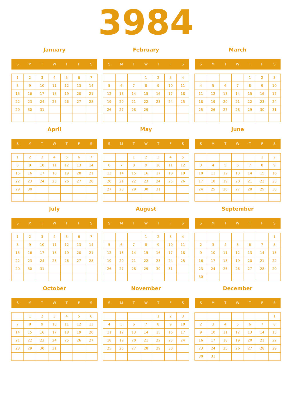 Printable 3984 Year Calendars gamboge