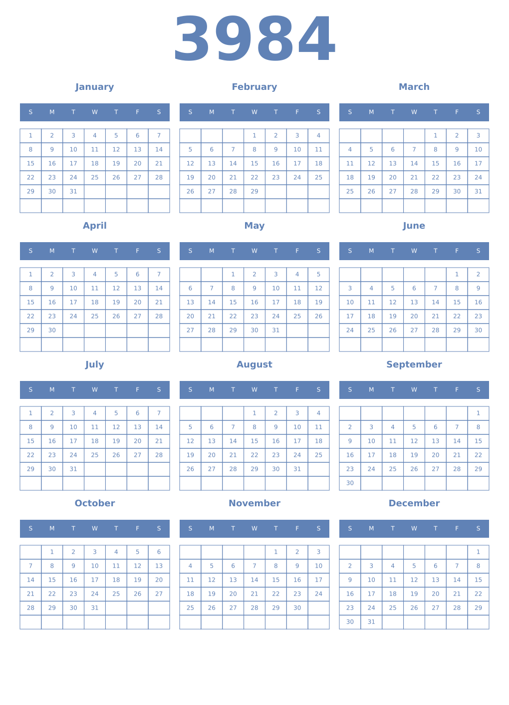 Printable 3984 Year Calendars glaucous