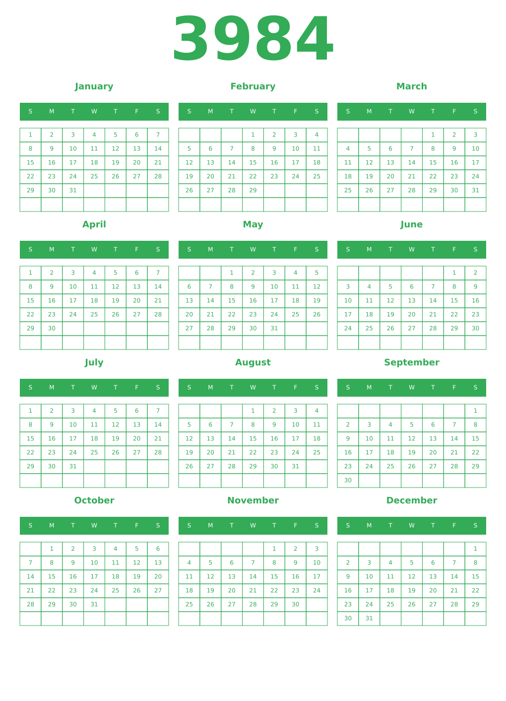 Printable 3984 Year Calendars green