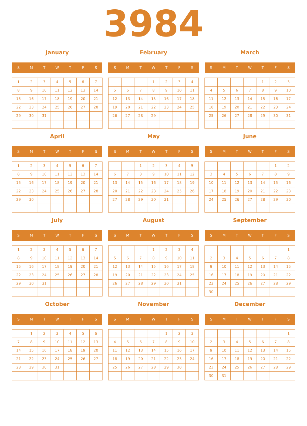 Printable 3984 Year Calendars orange