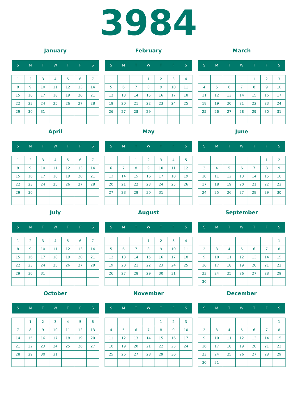 Printable 3984 Year Calendars pastel