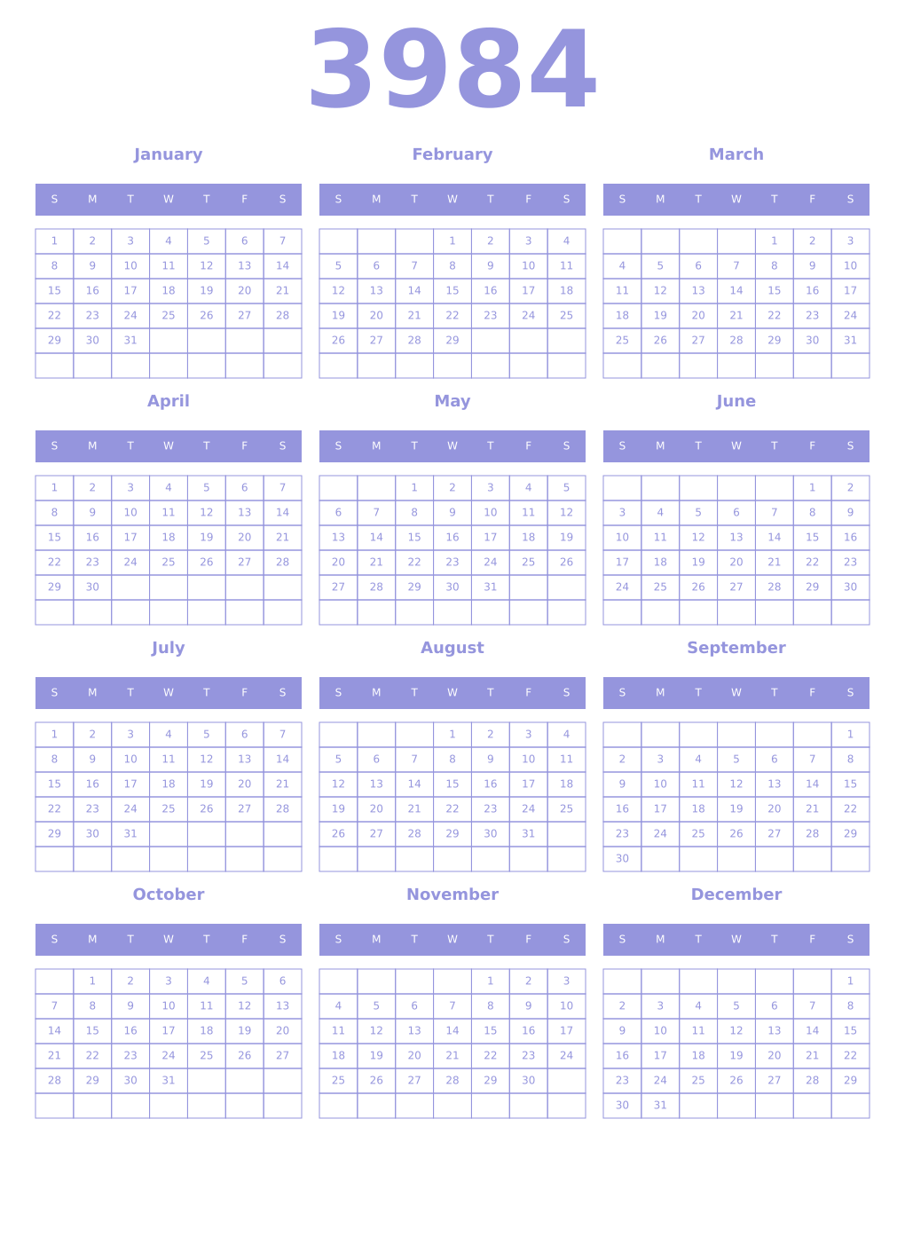 Printable 3984 Year Calendars periwinkle