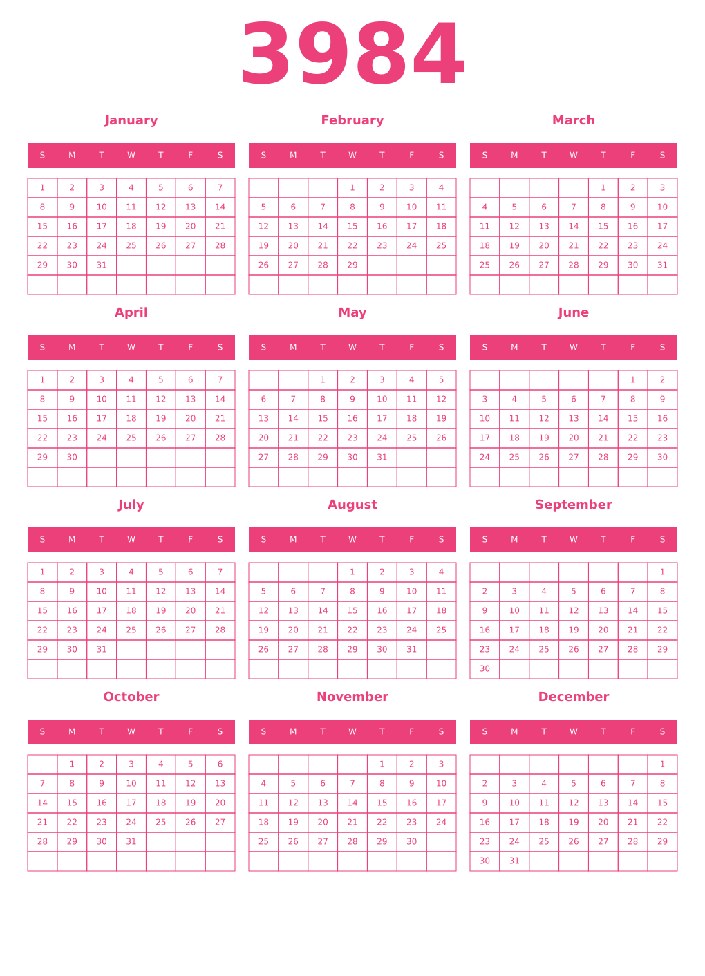 Printable 3984 Year Calendars pink