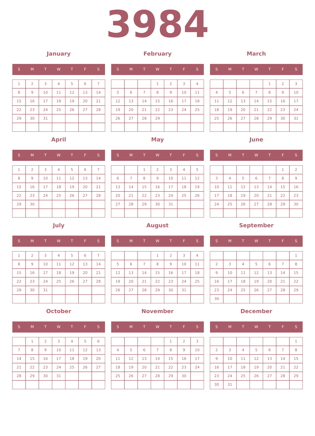 Printable 3984 Year Calendars puce