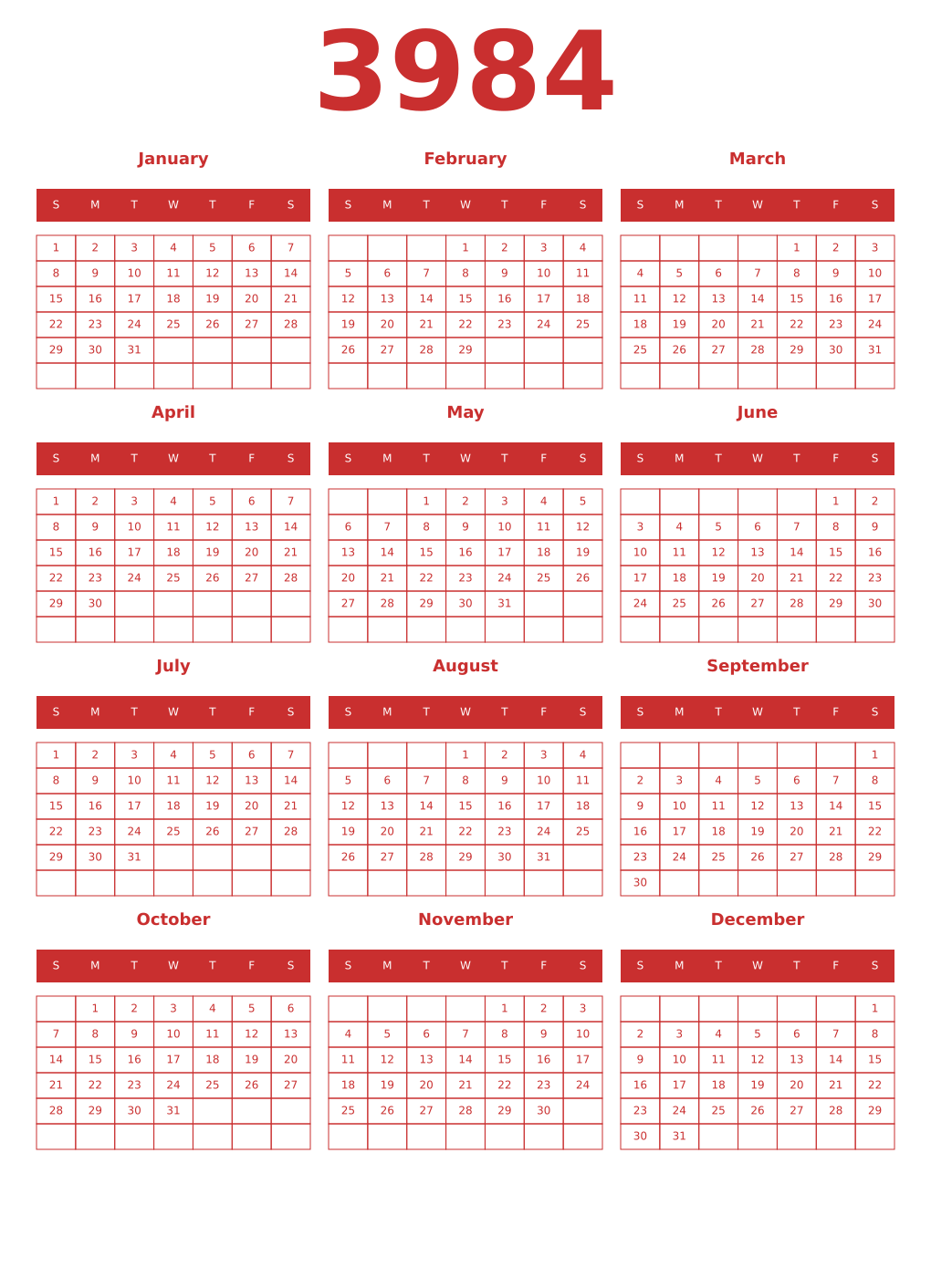Printable 3984 Year Calendars red