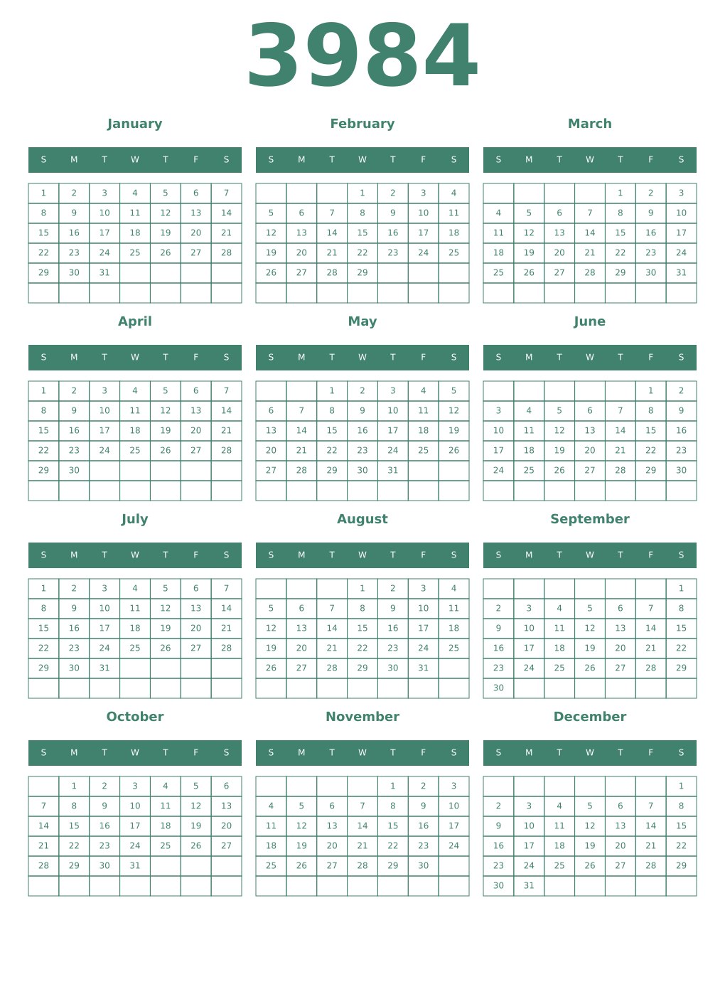 Printable 3984 Year Calendars viridian