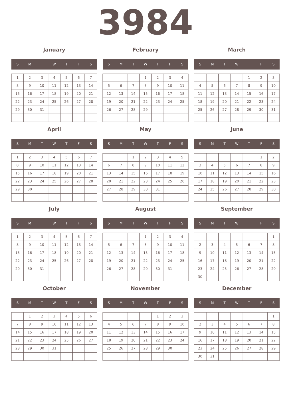 Printable 3984 Year Calendars wenge