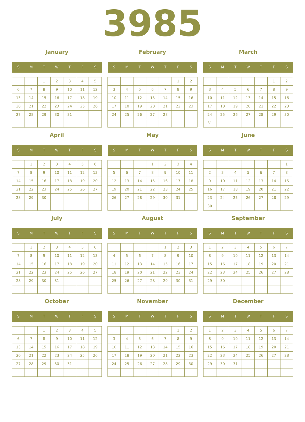 Printable 3985 Year Calendars eburnean