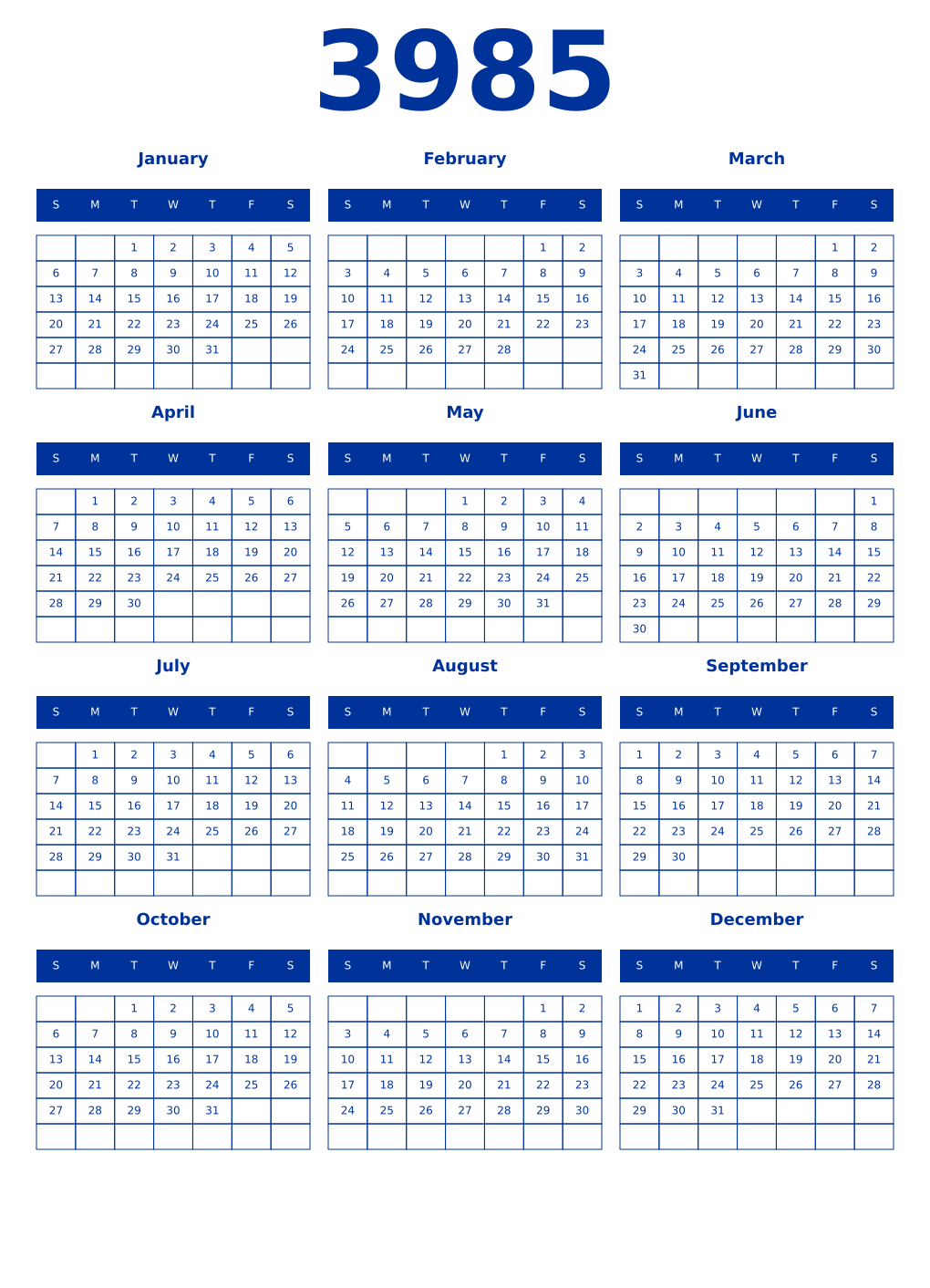 Printable 3985 Year Calendars smalt