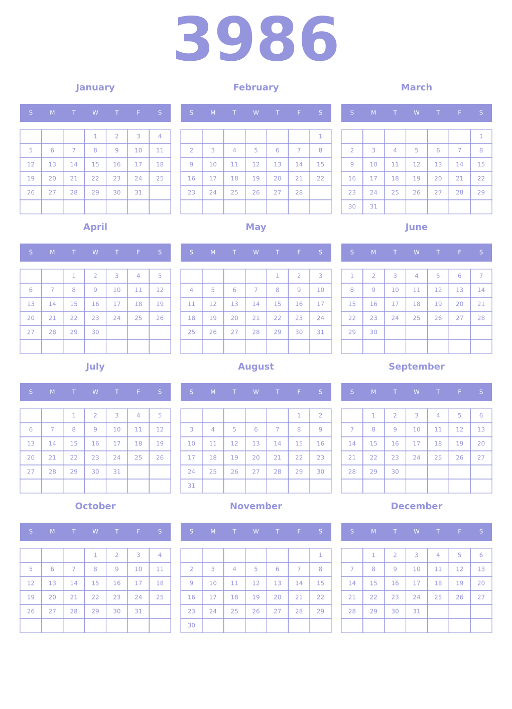 Printable 3986 Year Calendars periwinkle