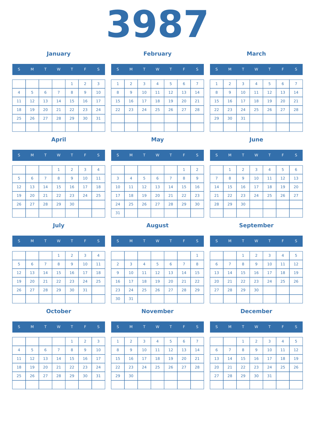 Printable 3987 Year Calendars blue