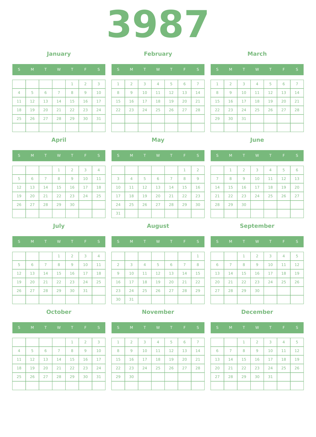 Printable 3987 Year Calendars celadon