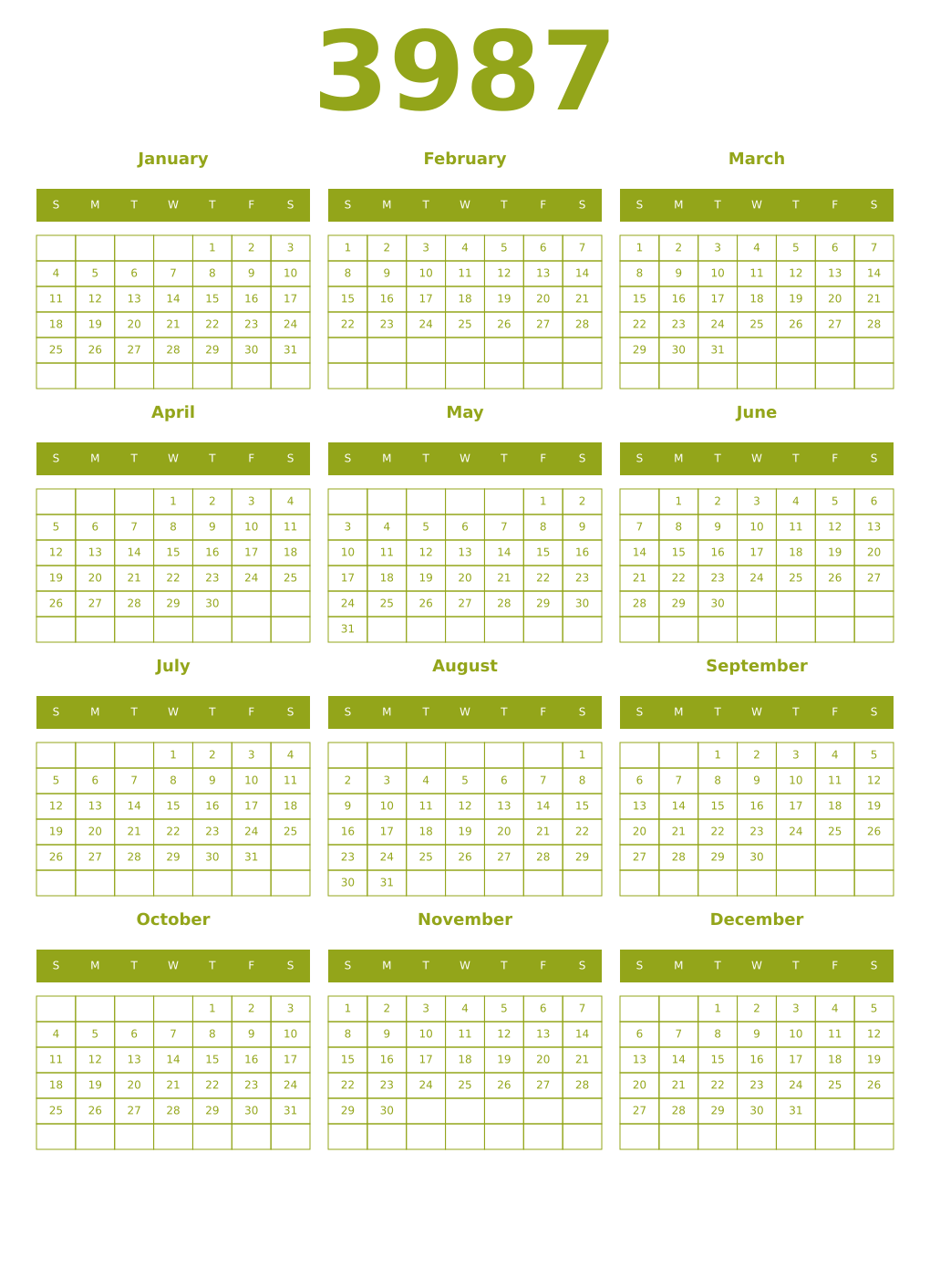 Printable 3987 Year Calendars chartreuse