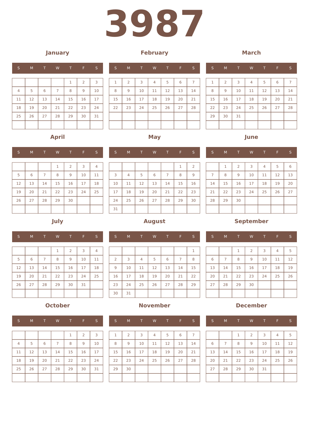 Printable 3987 Year Calendars coffe