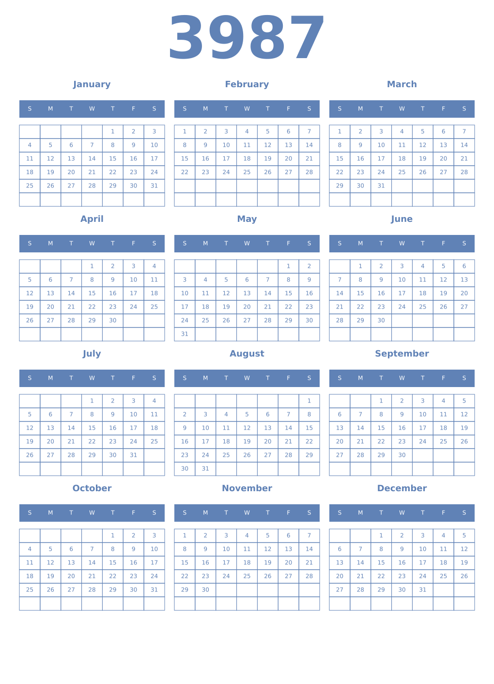 Printable 3987 Year Calendars glaucous