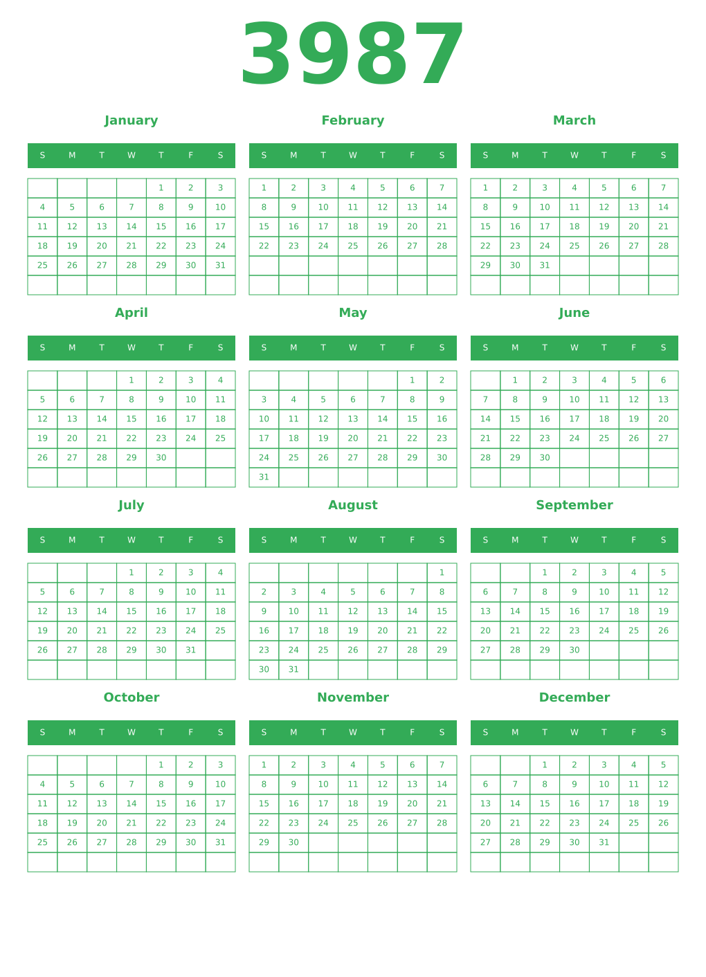 Printable 3987 Year Calendars green