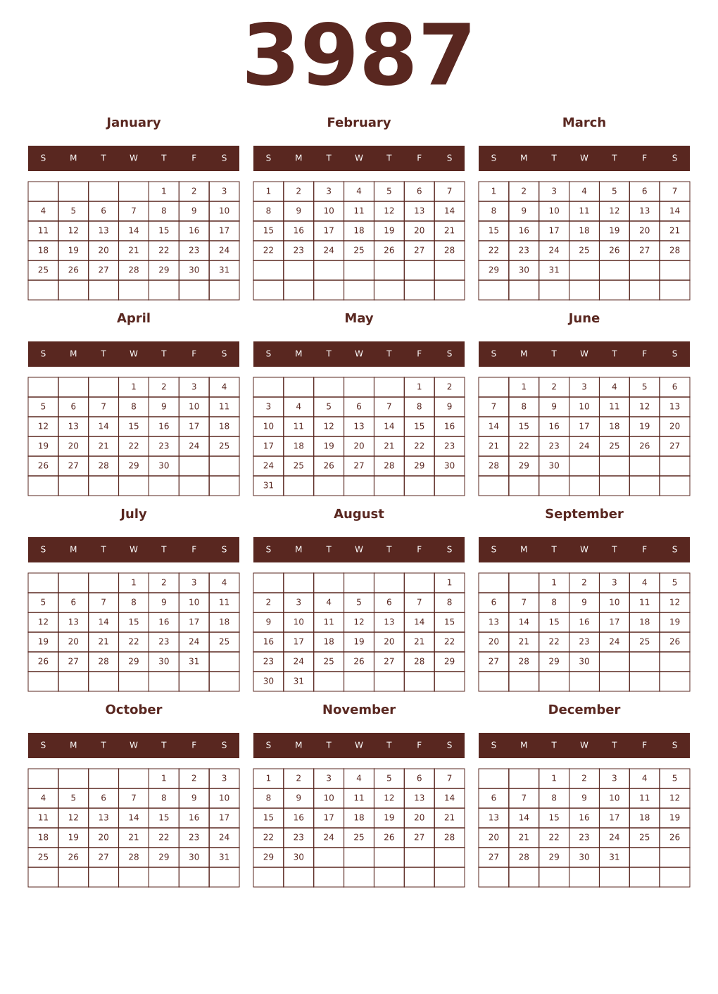 Printable 3987 Year Calendars mortuum