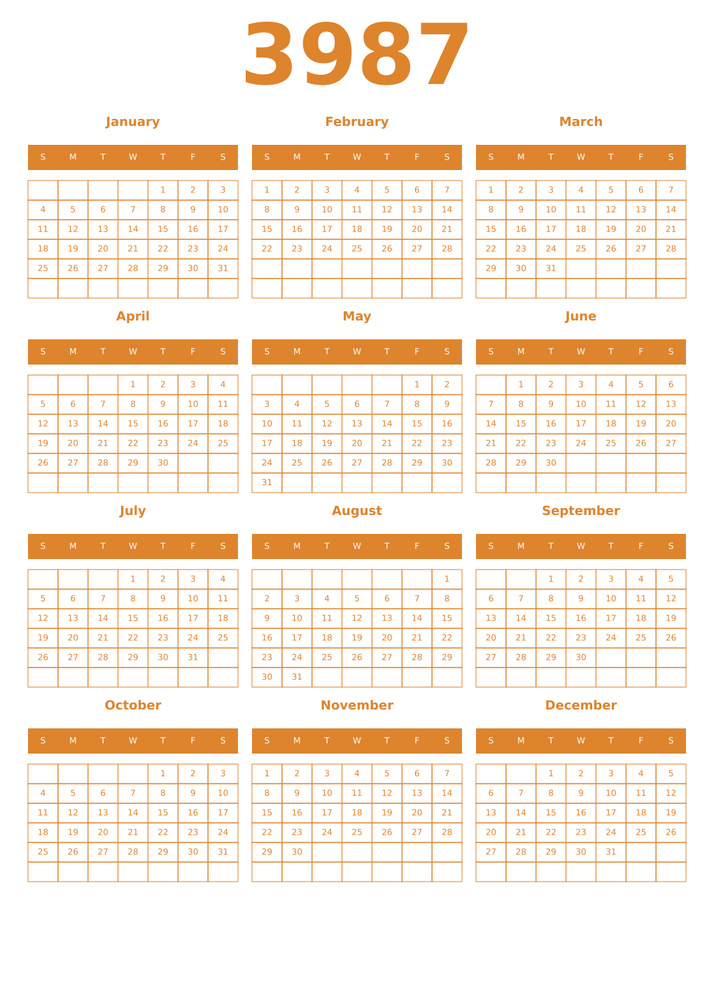 Printable 3987 Year Calendars orange