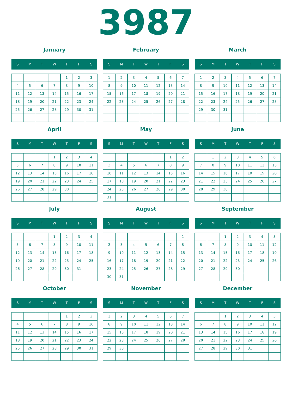 Printable 3987 Year Calendars pastel