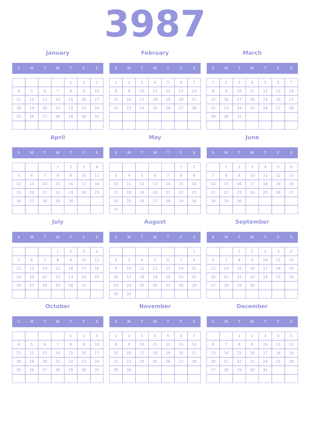 Printable 3987 Year Calendars periwinkle