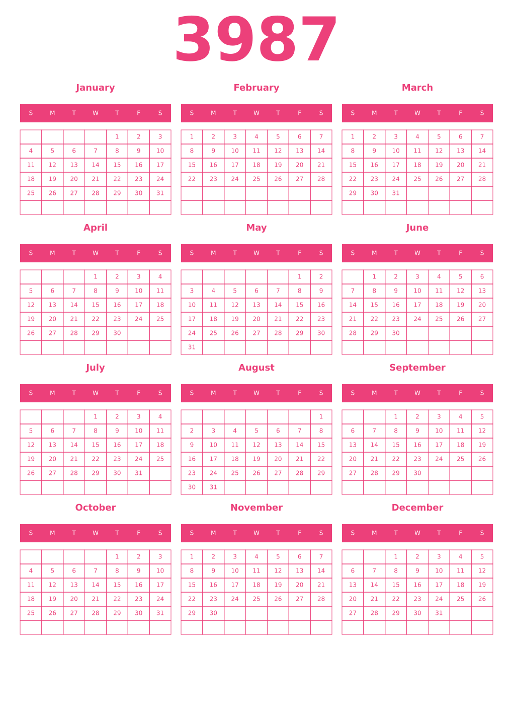 Printable 3987 Year Calendars pink