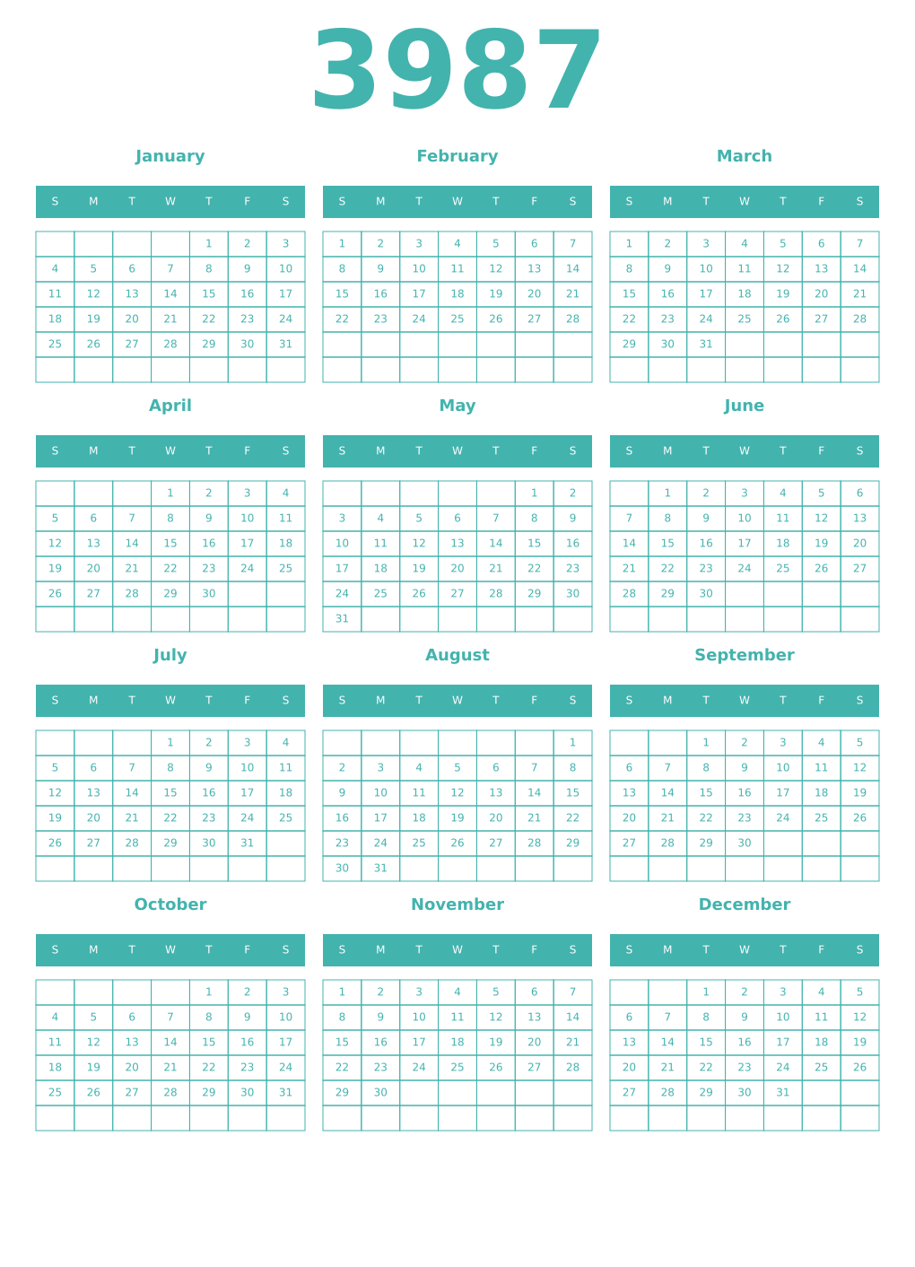 Printable 3987 Year Calendars verdigris