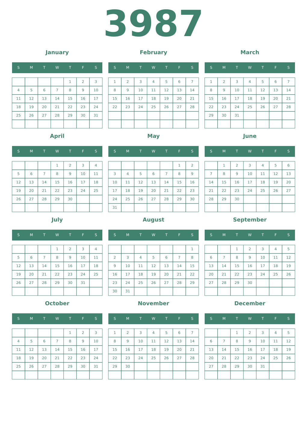 Printable 3987 Year Calendars viridian