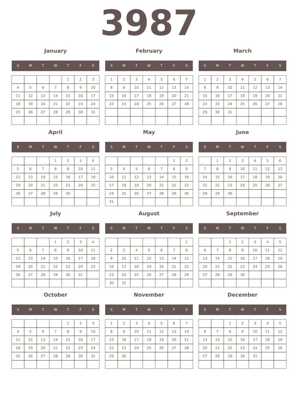 Printable 3987 Year Calendars wenge