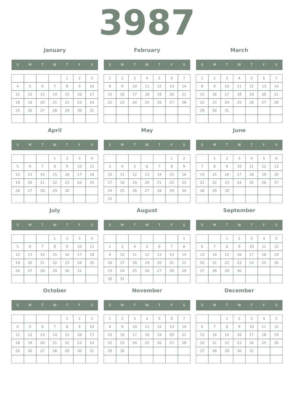 Printable 3987 Year Calendars xanadu