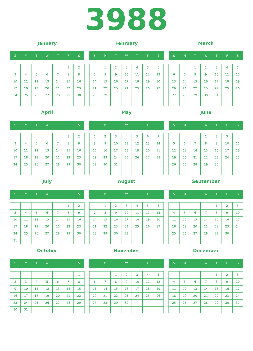 Printable 3988 Year Calendars green