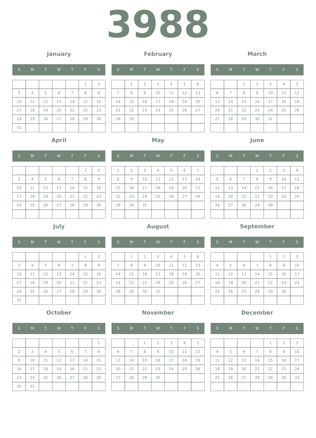 Printable 3988 Year Calendars xanadu