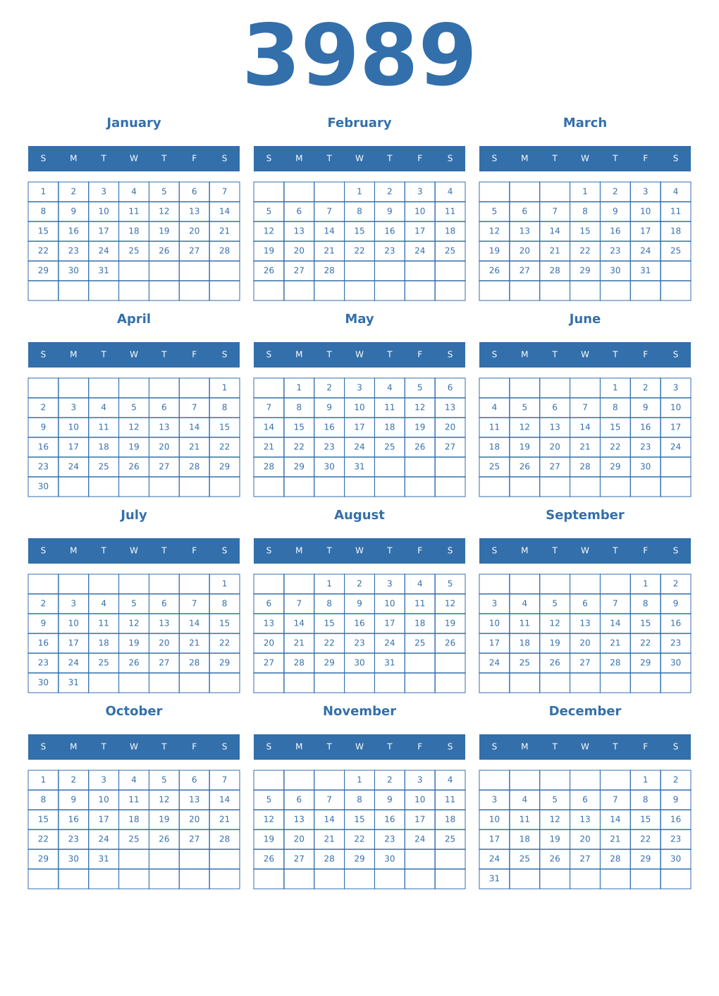 Printable 3989 Year Calendars blue