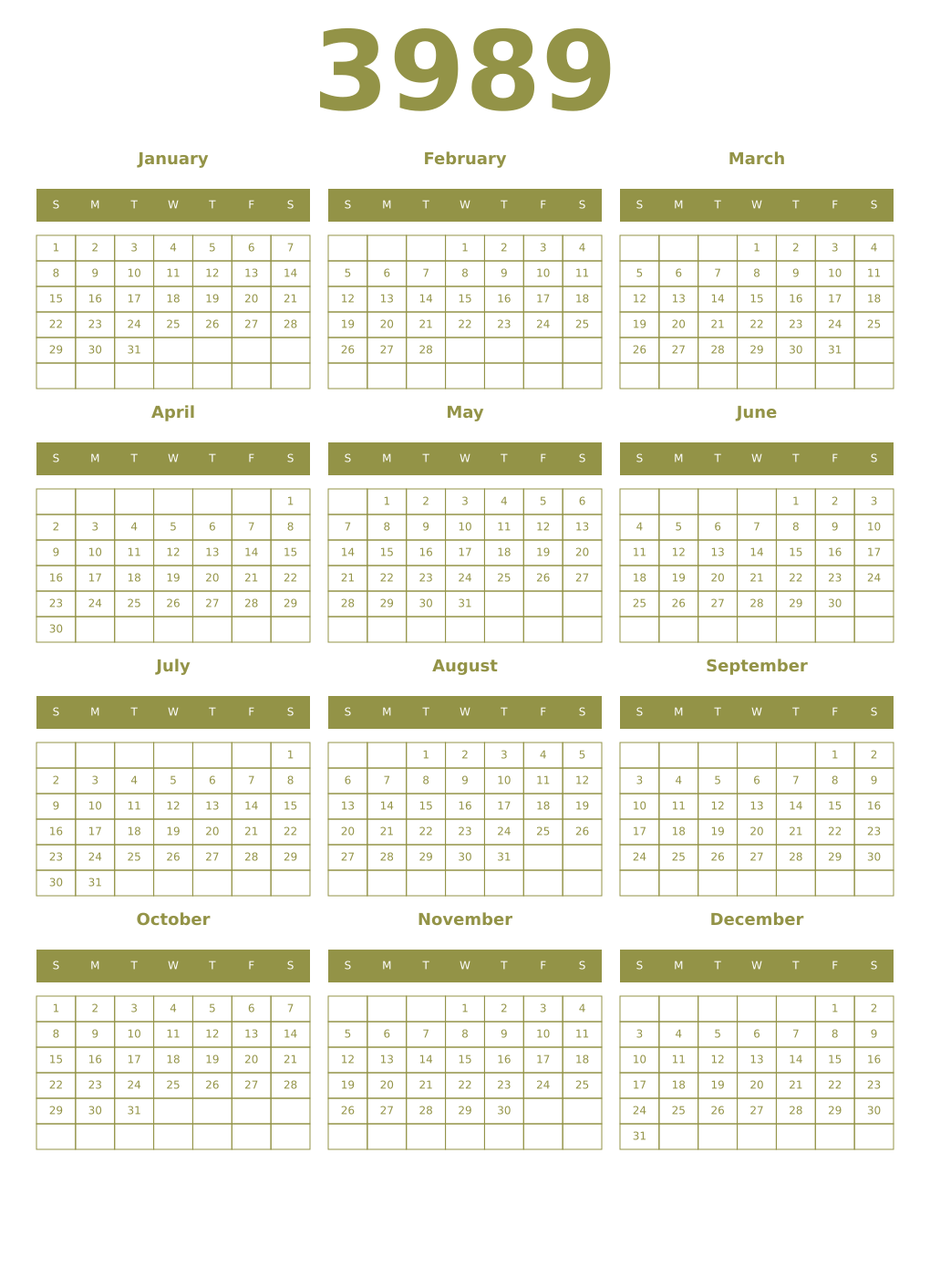 Printable 3989 Year Calendars eburnean