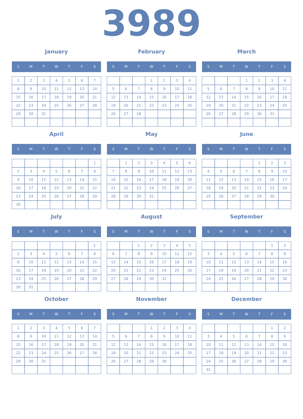 Printable 3989 Year Calendars glaucous