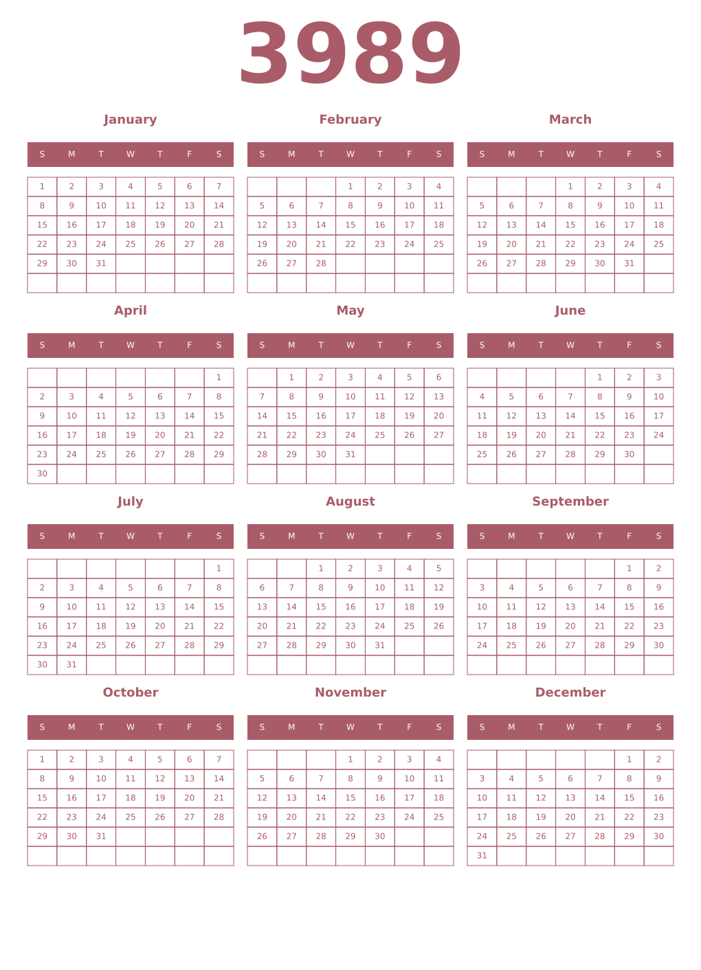 Printable 3989 Year Calendars puce