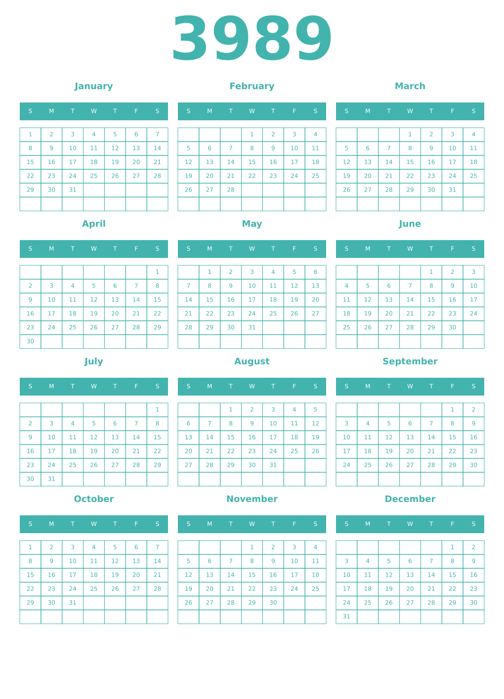 Printable 3989 Year Calendars verdigris