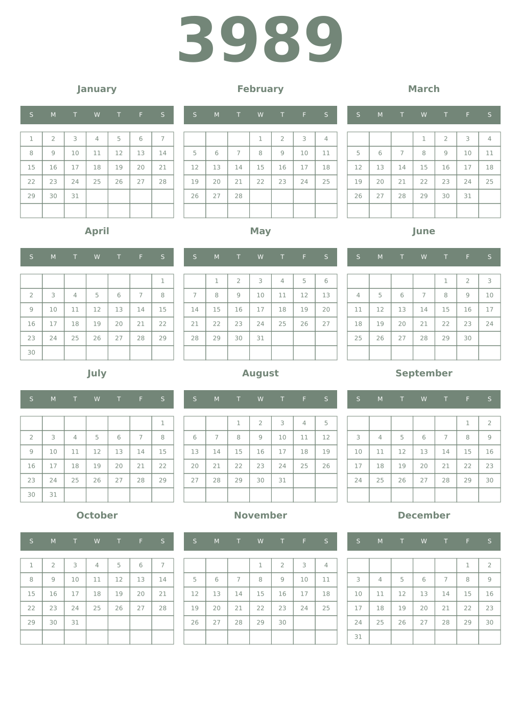 Printable 3989 Year Calendars xanadu