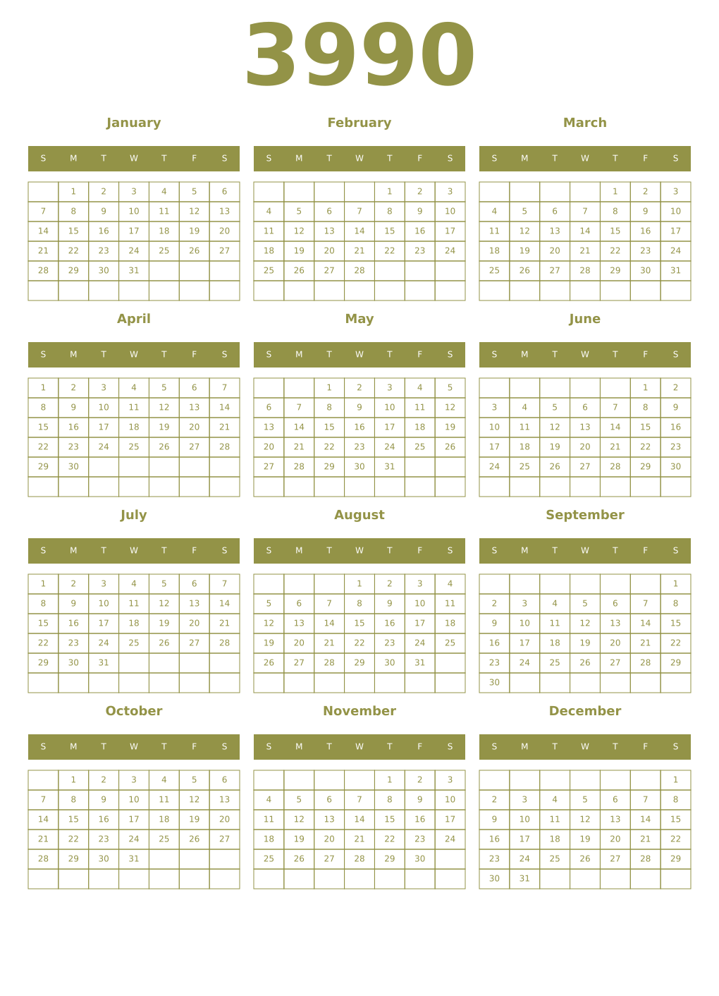 Printable 3990 Year Calendars eburnean