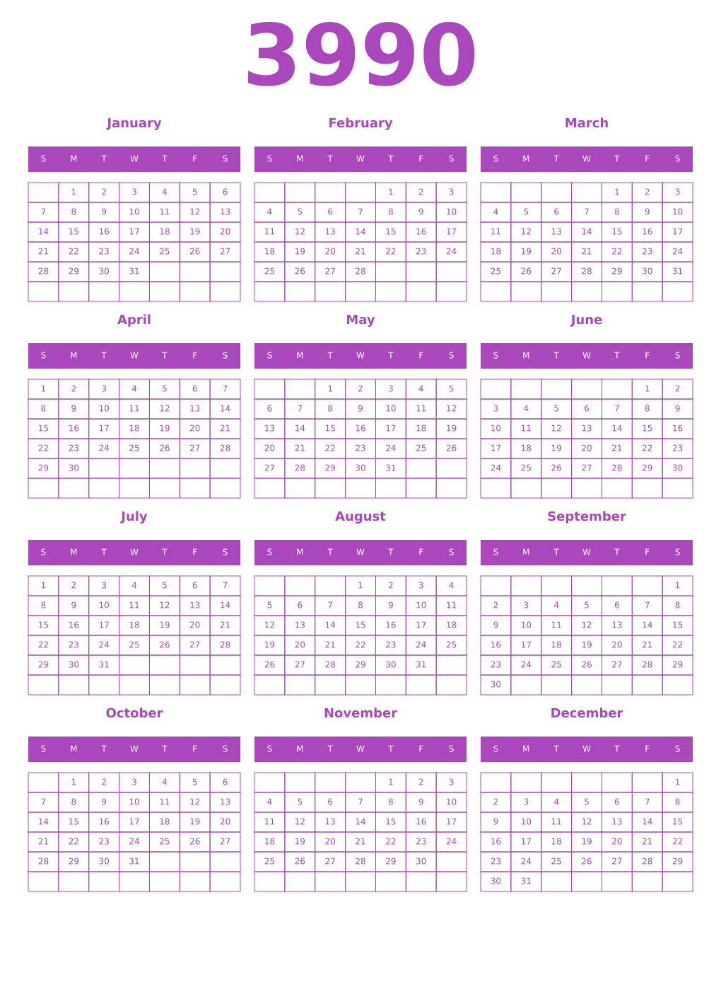 Printable 3990 Year Calendars purple