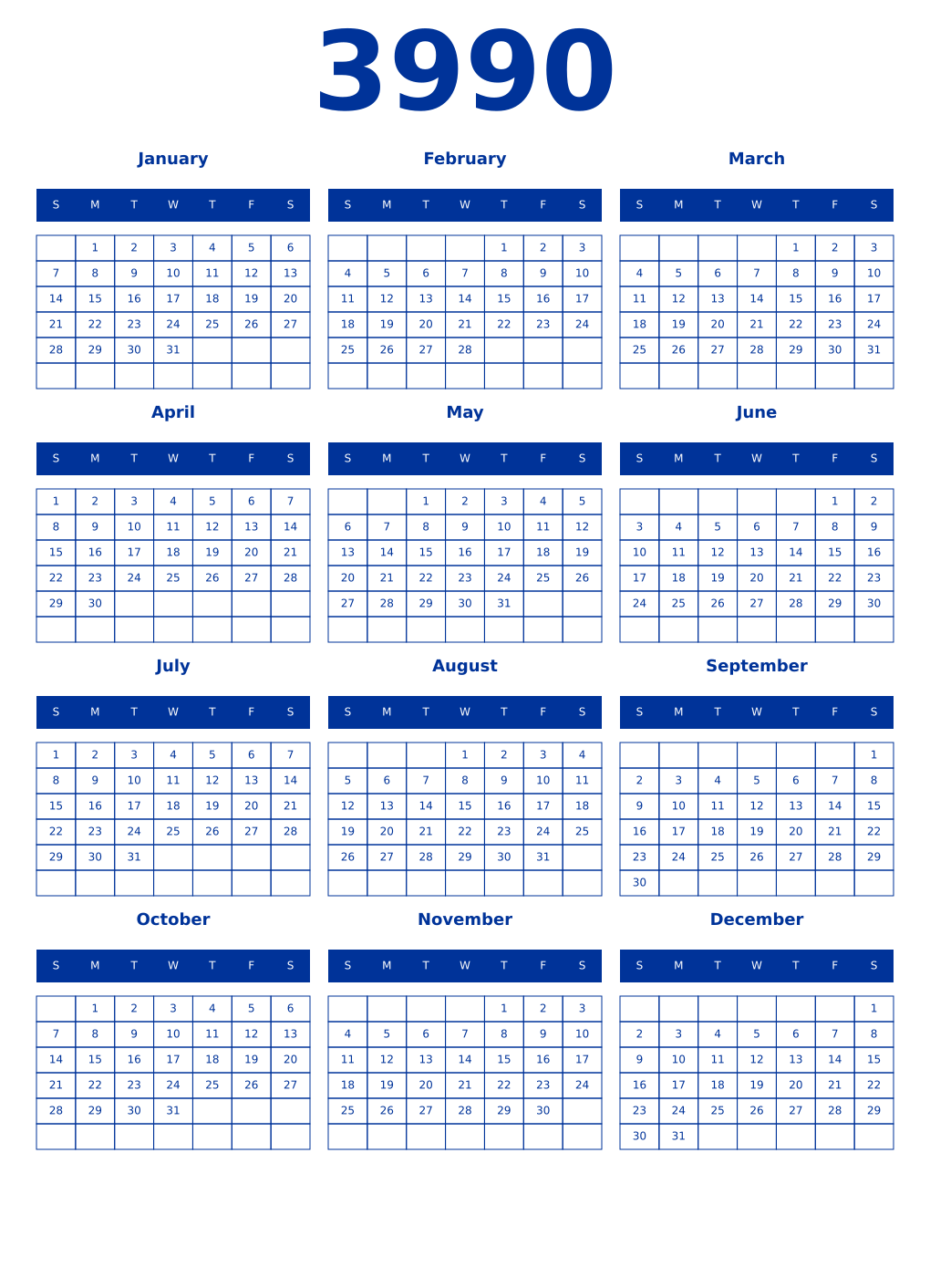 Printable 3990 Year Calendars smalt