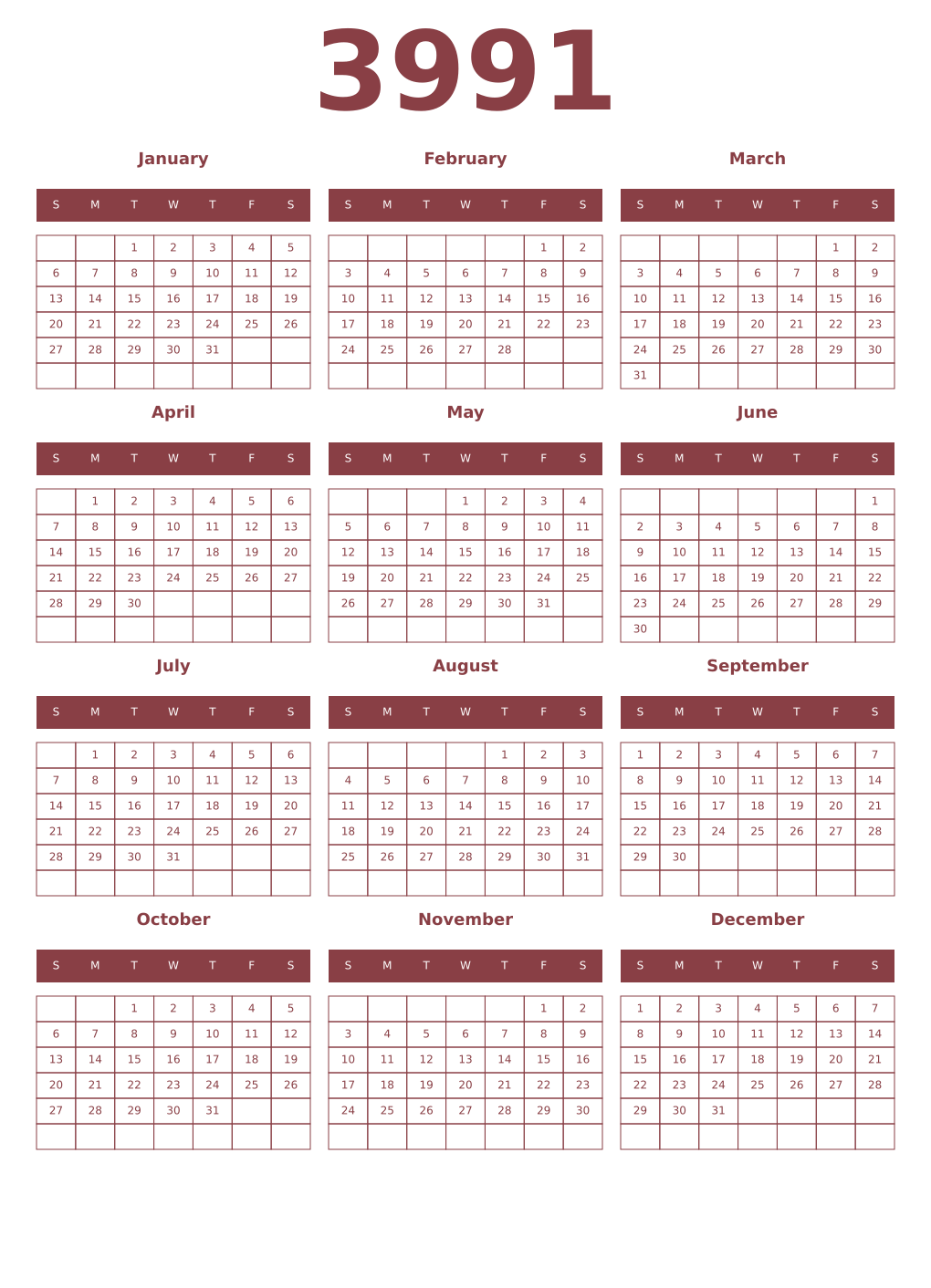 Printable 3991 Year Calendars cordovan