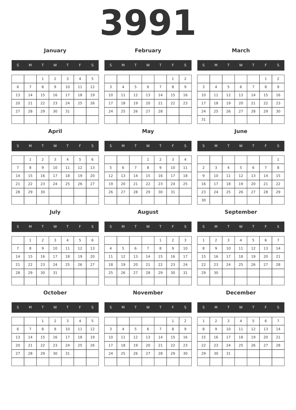 Printable 3991 Year Calendars dark