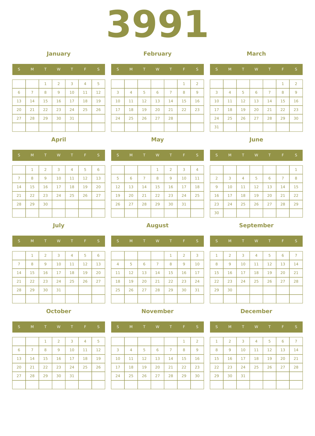 Printable 3991 Year Calendars eburnean