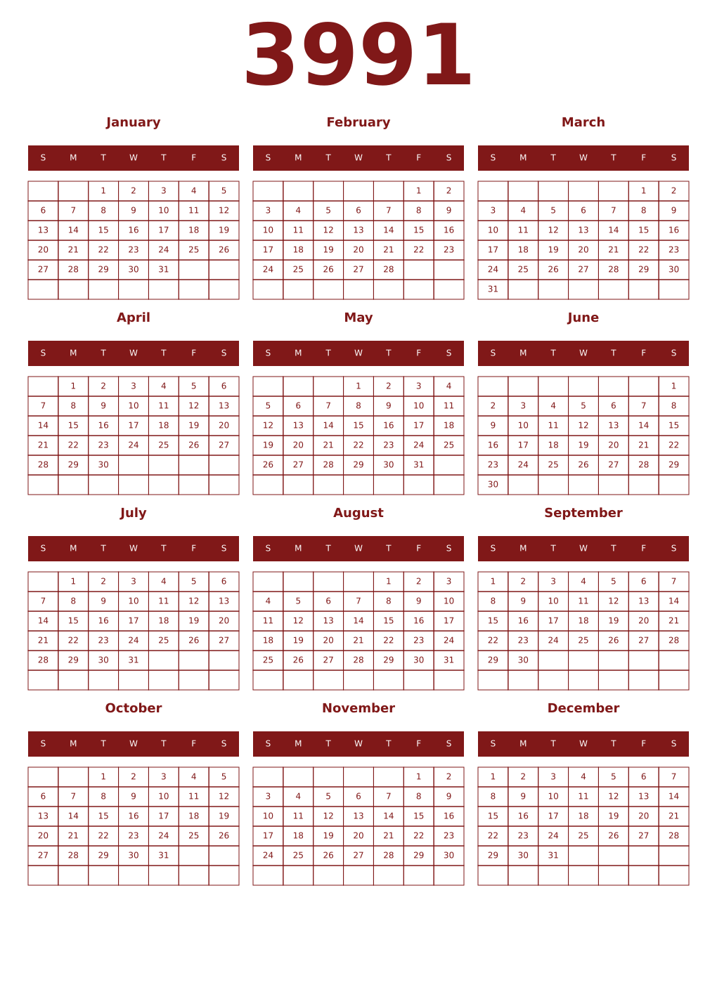 Printable 3991 Year Calendars falu